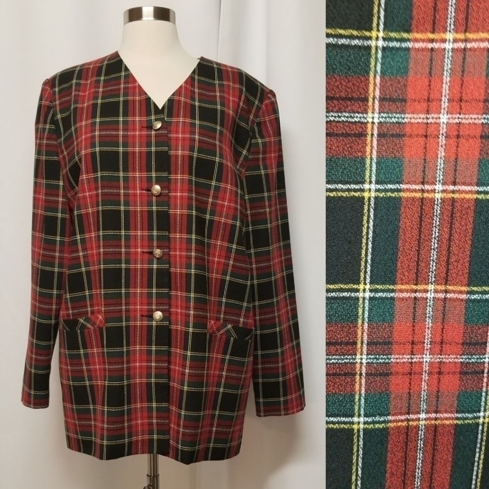 Vintage‎ 90s y2k Acadamia Preppy Tartan Red Green Christmas Plaid Blazer Coat 12